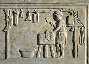 Un boucher dans son échoppe. Bas-relief, civilisation romaine, 2e siècle ap. J.-C., Rome, Museo della Civilta Romana