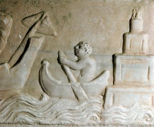Art romain : un marin guidant un navire dans le port d