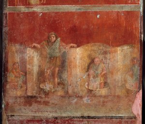 Art romain : scène de fullonica ou foulonnerie représentant le nettoyage des vêtements. Fresque de la villa Fullonica Stephani à Pompéi, utilisée comme laverie et teinturerie. Peinture du 1er siècle