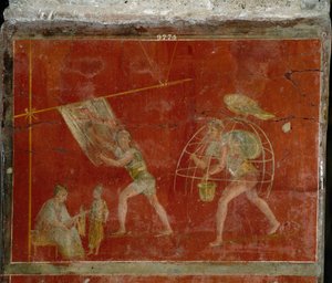 Art romain : scène de nettoyage des vêtements. Fresque de la villa Fullonica stephani à Pompéi, utilisée comme laverie et teinturerie. Peinture du 1er siècle après J.-C. Naples, Musée - Roman