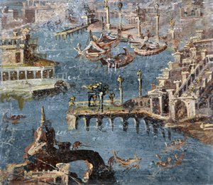 Art romain : paysage montrant un port communément identifié comme Pouzzoles - Roman