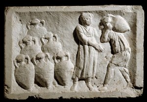Art romain : « chargement et arrimage des amphores à vin ». Bas-relief. 2ème siècle après J.-C. Rome, Musée de la civilisation romaine