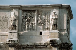 Art romain : bas-relief en marbre représentant la distribution de subsides au peuple (à gauche) et la reddition d