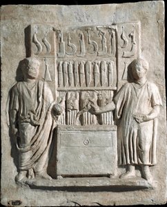 Art romain : bas-relief de la stèle funéraire de Lucio Cornelio Atimeto, coutelier. 1er siècle après J.-C. De la Villa Massimo, Rome. Rome, Museo della Civilta Romana