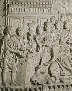 Art romain : bas-relief représentant des citoyens sarmates rendant hommage aux Romains. Des bas-reliefs de la colonne de Marc-Aurèle. IIe siècle ap. J.-C. Rome, Museo della Civiltà Romana