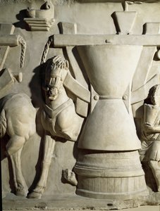 Art romain : bas-relief représentant une roue de moulin. Ier siècle ap. J.-C. Rome, Museo della Civiltà Romana - Roman