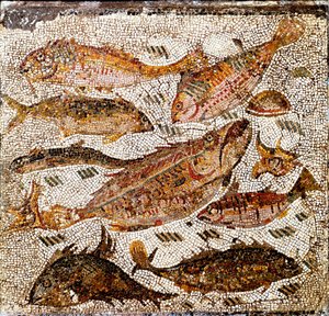 Art romain : mosaïque représentant des poissons. 1er ou 2ème siècle après J.-C. De la Villa dei Settimii sur la Via Cassia. Rome, Museo Nazionale Romano
