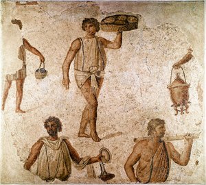 Art romain : serviteurs à un banquet. Fragment de mosaïque de Carthage, Tunisie. 180-190 ap. J.-C. Paris, Musée du Louvre - Roman