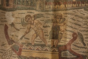 Portique semi-circulaire, mosaïque de sol, Villa Romana del Casale, Piazza Armerina, Sicile, Italie (photo)