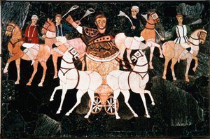 Le consul romain Iulius Annius Bassus représenté sur un quadrige (détail) de la plaque de sectile opus datant du IVe siècle. Basilique de Junius Bassus (Basilica Iunii Bassi), Esquilin à Rome. Conservé au Musée des Conservateurs, Rome