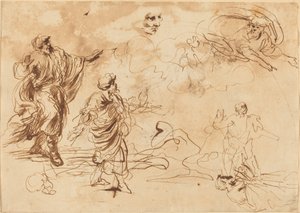 Études pour une scène biblique avec Dieu le Père apparaissant à une figure masculine barbu - Roman 17th Century
