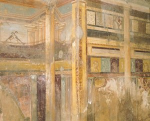 Détail de fresque, partie des décorations murales, Maison du Labyrinthe, Pompéi, Campanie, Civilisation romaine