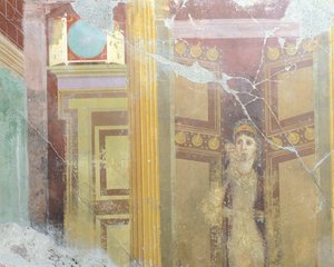 Fresque représentant une décoration architecturale factice et une figure de femme, de la Maison de Fabius Rufus, Pompéi, Campanie, Civilisation romaine