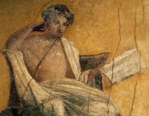 Dramaturge grec Ménandre, détail de fresque, péristyle de la Maison de Ménandre, Pompéi, Campanie, Italie, civilisation romaine