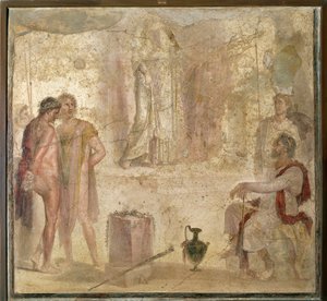 Italie, Campanie, Pompéi, Maison des Cupidons Dorés, Oreste et Pylade devant Iphigénie, fresque - Roman Roman
