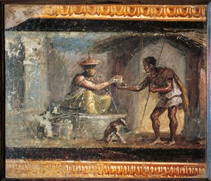 Italie, Campanie, Pompéi, Le voyageur et le magicien de la Maison des Dioscures, fresque