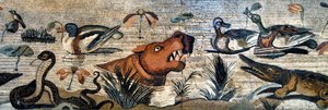 Frise en mosaïque de Pompéi (maison de la faune, casa del Fauno - scène nilotique - vie animale sur le Nil : hippopotame, crocodile, serpent, canards - art romain - Musée archéologique de Naples, Italie - Museo Archeologico Nazionale, Napoli, Italia - Phot