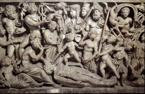 Prométhée créant le premier homme. Sarcophage avec représentation du mythe de Prométhée. Avec les personnages de la mythologie grecque et romaine : Prométhée, Psyché, petits amours, Hermès, dieu psychopompe, Parques, Poséidon - Roman Roman