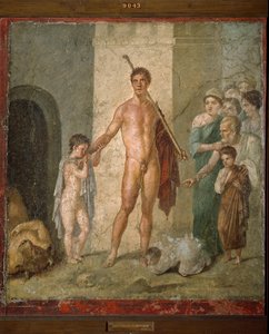 Représentation de Thésée, le héros de la mythologie grecque, libérant les sept jeunes hommes du labyrinthe après le triomphe du Minotaure. Fresque de la Villa de Gavius Rufus à Pompéi. Dim. 88x97 cm Musée archéologique de Naples - Art romain : représentati - Roman Roman