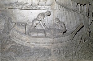 Art romain : « Bateau chargeant des provisions sur le Danube pendant la Première Guerre en Dacie » Moulage de 1862 reproduisant les bas-reliefs de la colonne de Trajan (colonne Trajane) (Colonna Traiana) à Rome construite sous le règne de l