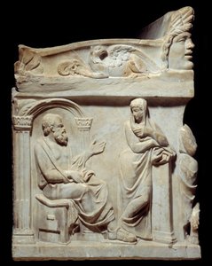 Antiquité romaine : Sarcophage des Muses. Ce sarcophage est orné de la représentation des neuf muses et, sur les petits côtés, des portraits du philosophe Socrate et du poète Hésiode