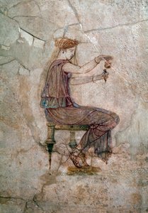 Art romain : femme assise versant du parfum dans un vase. Peinture murale, 25 après J.-C. De la Villa della Farnesina. Rome, Palazzo Massimo alle Terme, Museo Nazionale Romano - Roman Roman