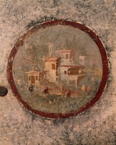 Ronde avec maisons et bâtiments, (détail) de fresque de la Maison du Centenaire, Pompéi, Campanie, Civilisation romaine