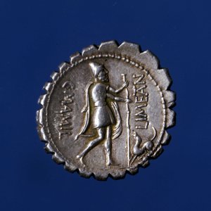 Ulysse reconnu par son chien Argo. Pièce de monnaie romaine en argent, 83 av. J.-C.