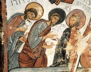 Art roman : les apôtres Philippe, Barthélemy et André Fresque du Vœu de la Cène, Église de Saint-Isidore XIIe siècle Real Colegiata de San Isidoro, León