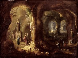 Grotte avec statues et nombreuses figures adorant des idoles (St Siméon Stylite), vers 1640