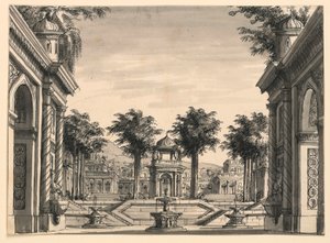 Décor de scène, jardin du palais indien pour le ballet « Genghis Khan » par Luigi Henry - Romolo Achille Liverani