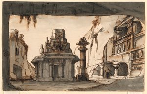 Décor de scène, bâtiments orientaux parmi des grottes et des rochers - Romolo Achille Liverani