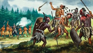 Colonies anglaises luttant contre la Confédération iroquoise, 20e siècle (gouache sur papier)