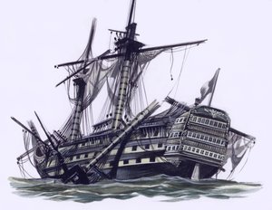 HMS Victory après la bataille de Trafalgar, avec le mât de misaine abattu (gouache sur papier)