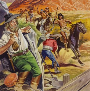 Jacob Waltz et son ami attaqués par des Indiens Apaches (gouache sur papier)