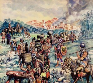 La conquête espagnole du Mexique (lithographie couleur)