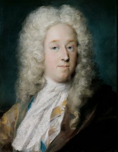 Un gentilhomme en manteau à motifs dorés et cape violet-brun