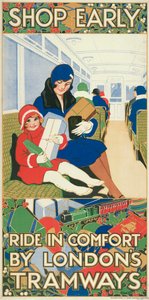 Achetez tôt, voyagez confortablement avec les tramways de Londres, affiche des tramways du London County Council, 1928