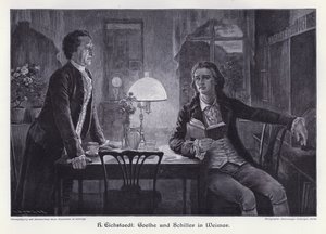 Écrivains allemands Friedrich Schiller et Johann Wolfgang von Goethe à Weimar (gravure)