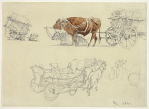 Études sur les chariots de paysans slovaques avec bœufs et chevaux