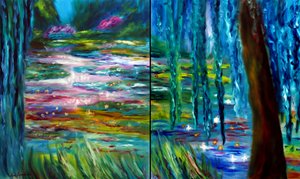 Monet Jardin japonais à Giverny diptyque, 2024 (huile sur toile)