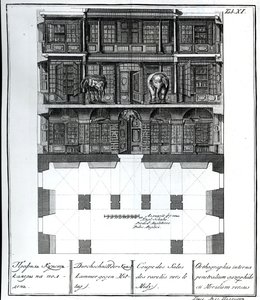 Vue en coupe de la Salle des Raretés vers le sud, illustration dans Chambers of the St. Petersburg Imperial Academy of Sciences Library and Gallery showing Plans, Facades and Profiles par Johann