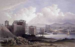 Pont tubulaire de Britannia sur le détroit de Menai, pris pendant la construction en 1848, lithographie par Day and Son - S. (after) Russell