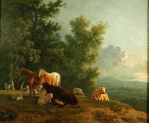 Chevaux et vaches dans un paysage
