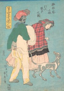 Une jeune Française et un serviteur siamois promenant un chien, novembre 1860