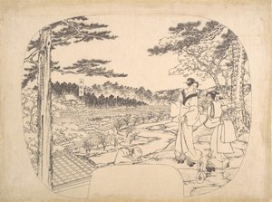 Deux femmes admirant les vues depuis un point de vue...le temple Zenpukuji, 19ème siècle - Sadahide Utagawa