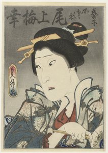 Onoe Baikô III en rôle féminin avec éventail à la main