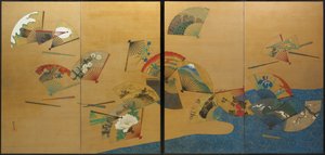 Eventails et ruisseau, période Edo, vers 1820-28 (encre, couleur, or et argent sur soie) - Sakai Hoitsu