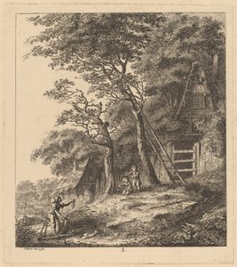 Un pêcheur et deux enfants dans un paysage avec des cottages au toit de chaume - Salomon Gessner
