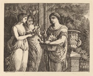 Vendeur de figurines avec deux filles